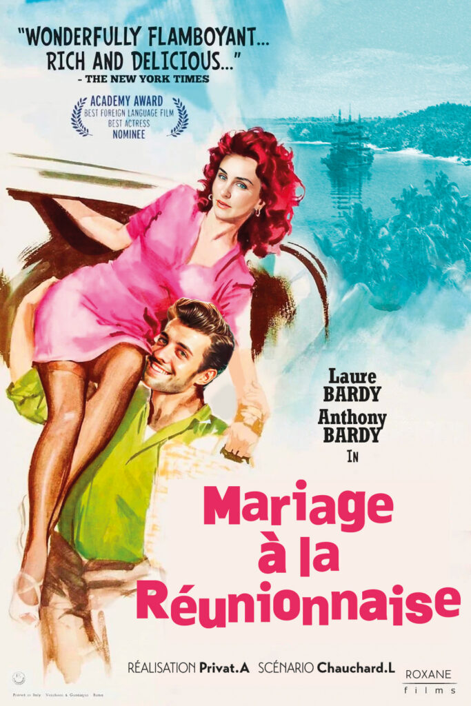 Photomontage inspiré de l’affiche « Mariage à l’italienne », adapté en « Mariage à la Réunionnise », avec personnages personnalisés et décor tropical incluant un bateau sur une île.