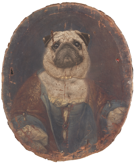 Photomontage d'un carlin sur un portrait historique  réalisé par l'atelier Filigrane