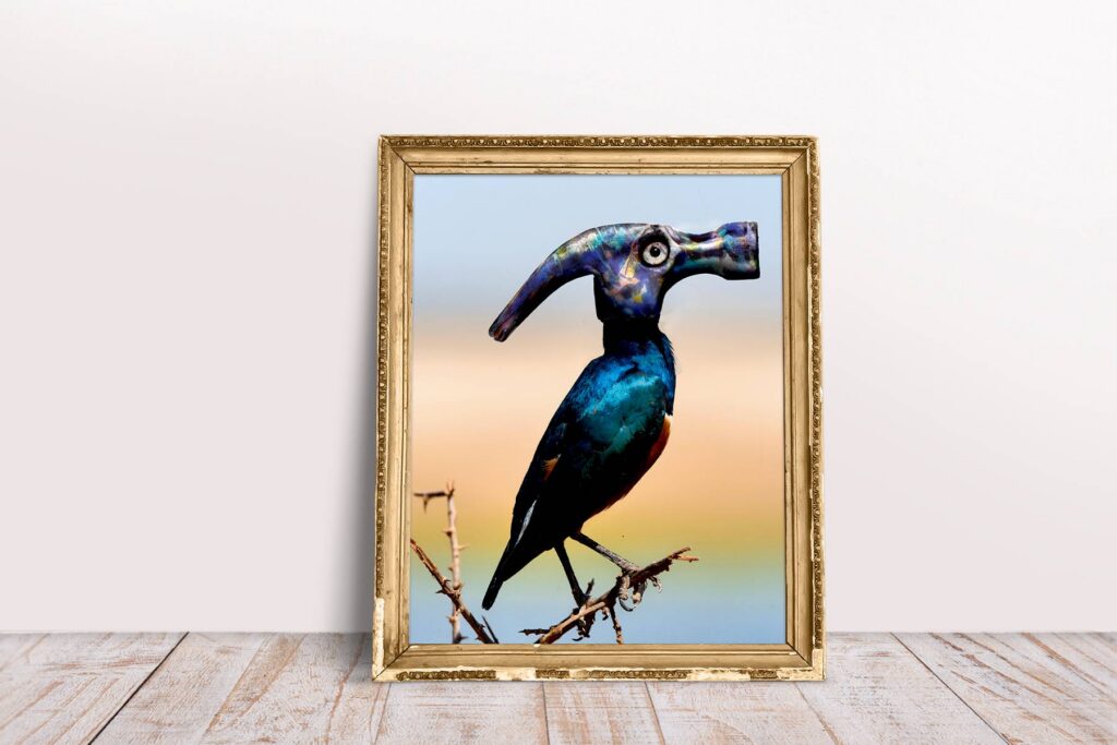 Photomontages surréalistes d’animaux fusionnés avec des objets du quotidien, créant des scènes poétiques et surprenantes avec intégration réaliste des textures et de la lumière.