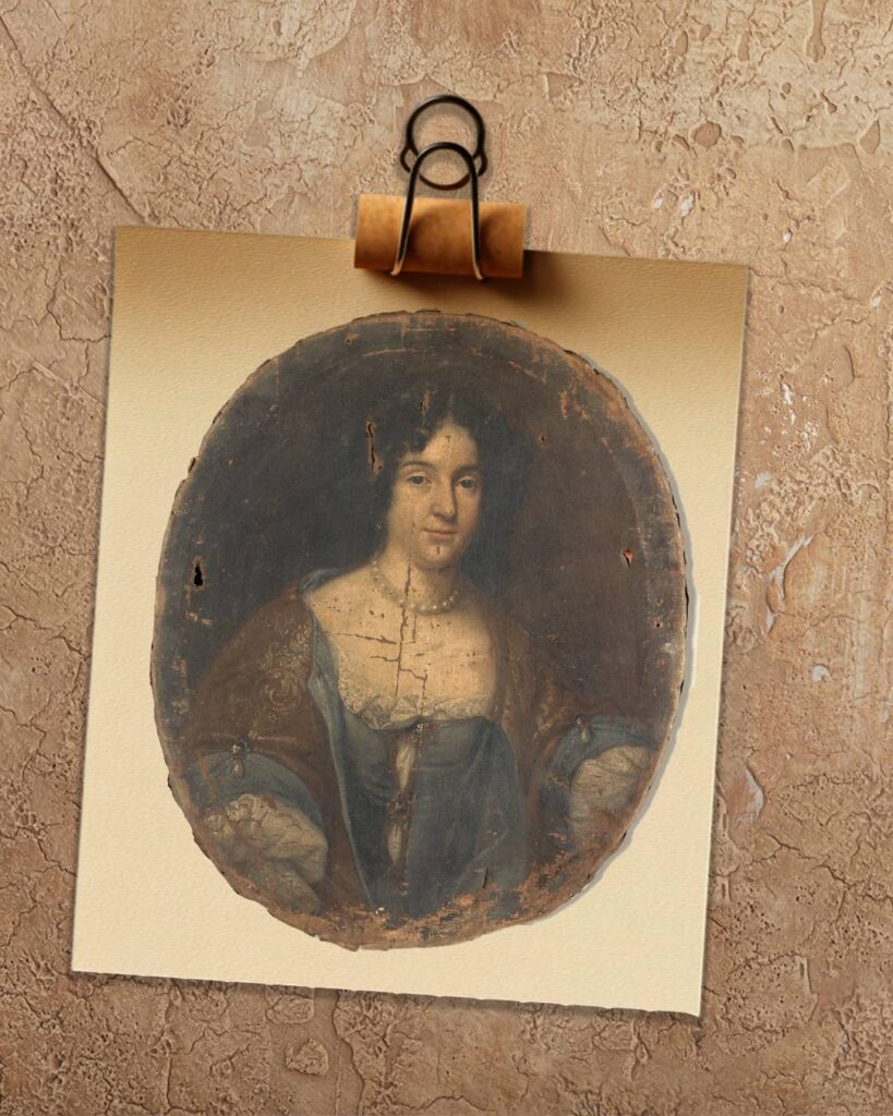 Portrait historique d'une femme pour photomontage intégrant la tête d’un chien dans un tableau historique, avec textures et détails respectant le style original pour un rendu harmonieux et ludique.