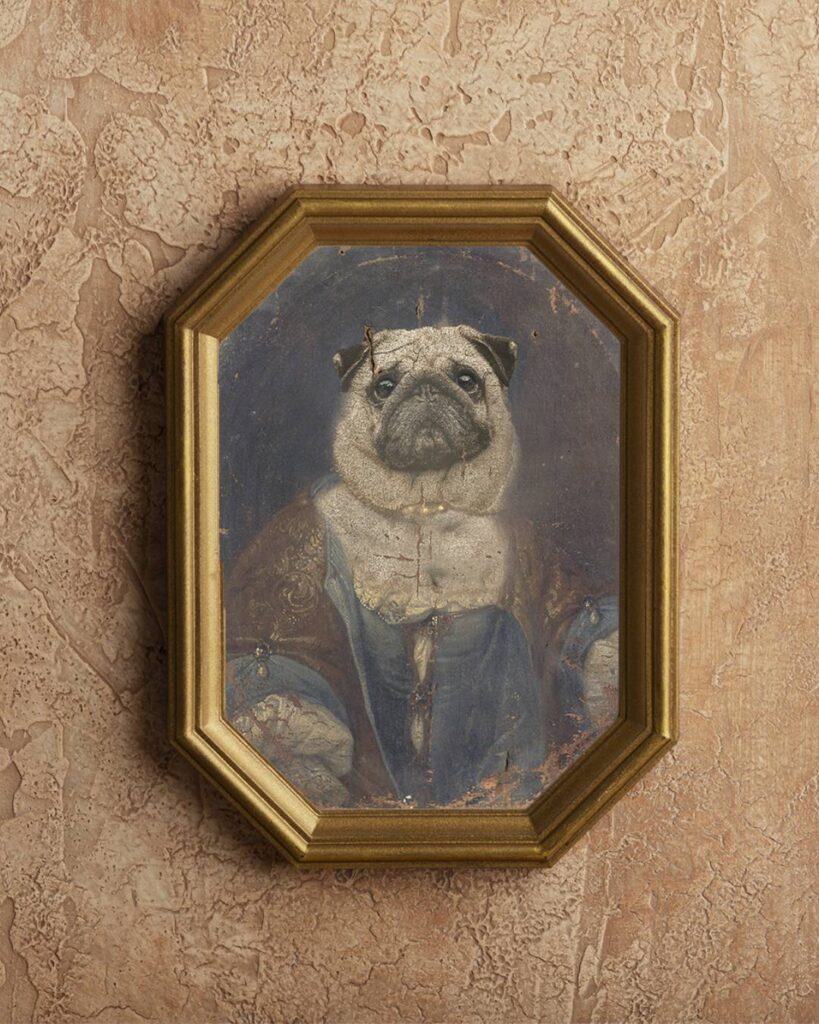 Photomontage intégrant la tête d’un chien dans un tableau historique, avec textures et détails respectant le style original pour un rendu harmonieux et ludique.