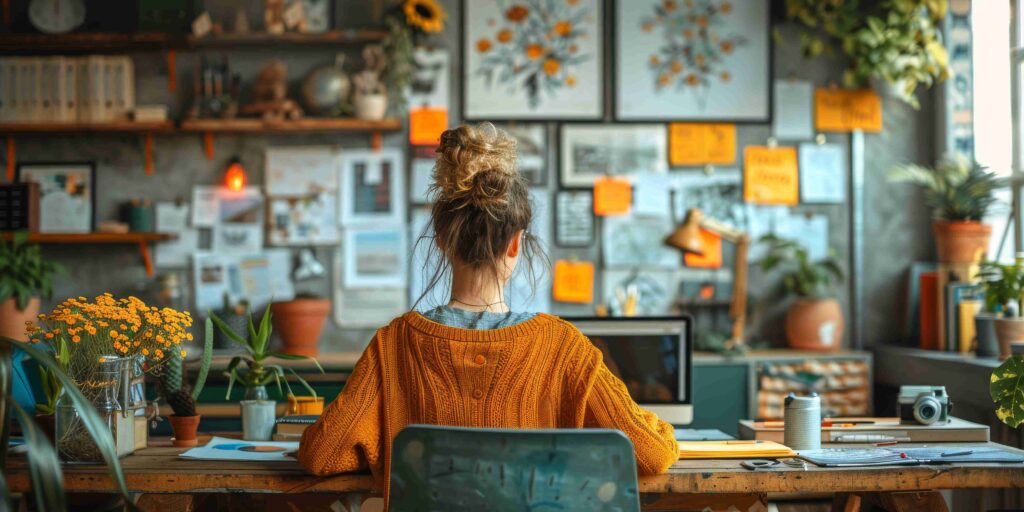 L'atelier Filigrane, espace de bureau créatif et lumineux avec des plantes, des cadres sur le mur, du bois et des couleurs vives jaunes