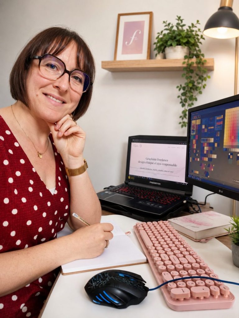 Aurore Privat, créatrice de l'Atelier Filigrane, souriante, devant son bureau avec son ordinateur des fournitures de bureau et des logiciels de design graphique professionnels. 