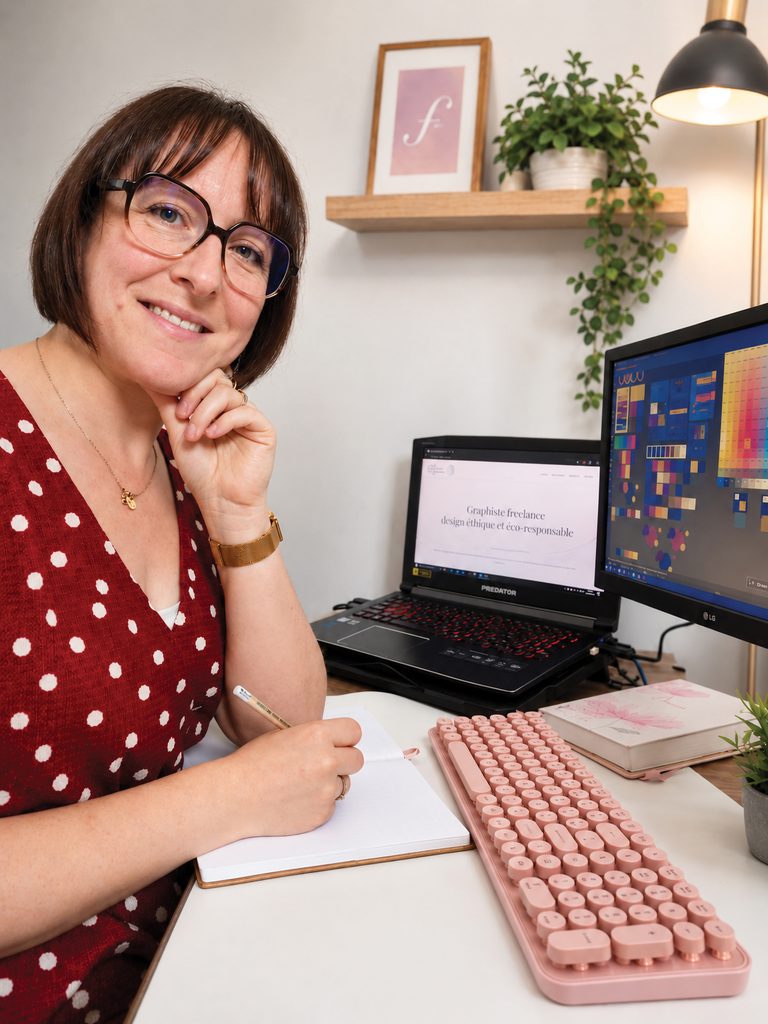 Photo d'Aurore Privat, cheffe d'entreprise de l'Atelier Filigrane à son bureau qui regarde l'objectif avec des écrans montrant son site internet et des logiciel de graphisme.